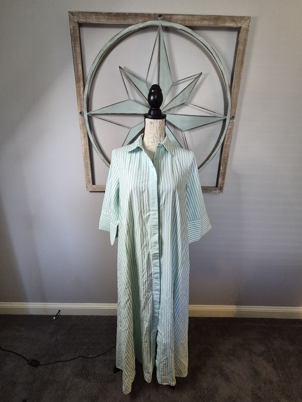 FORE Bailey Loose Fit Maxi Shirt Dress Mint Green & White Pinstripe - S